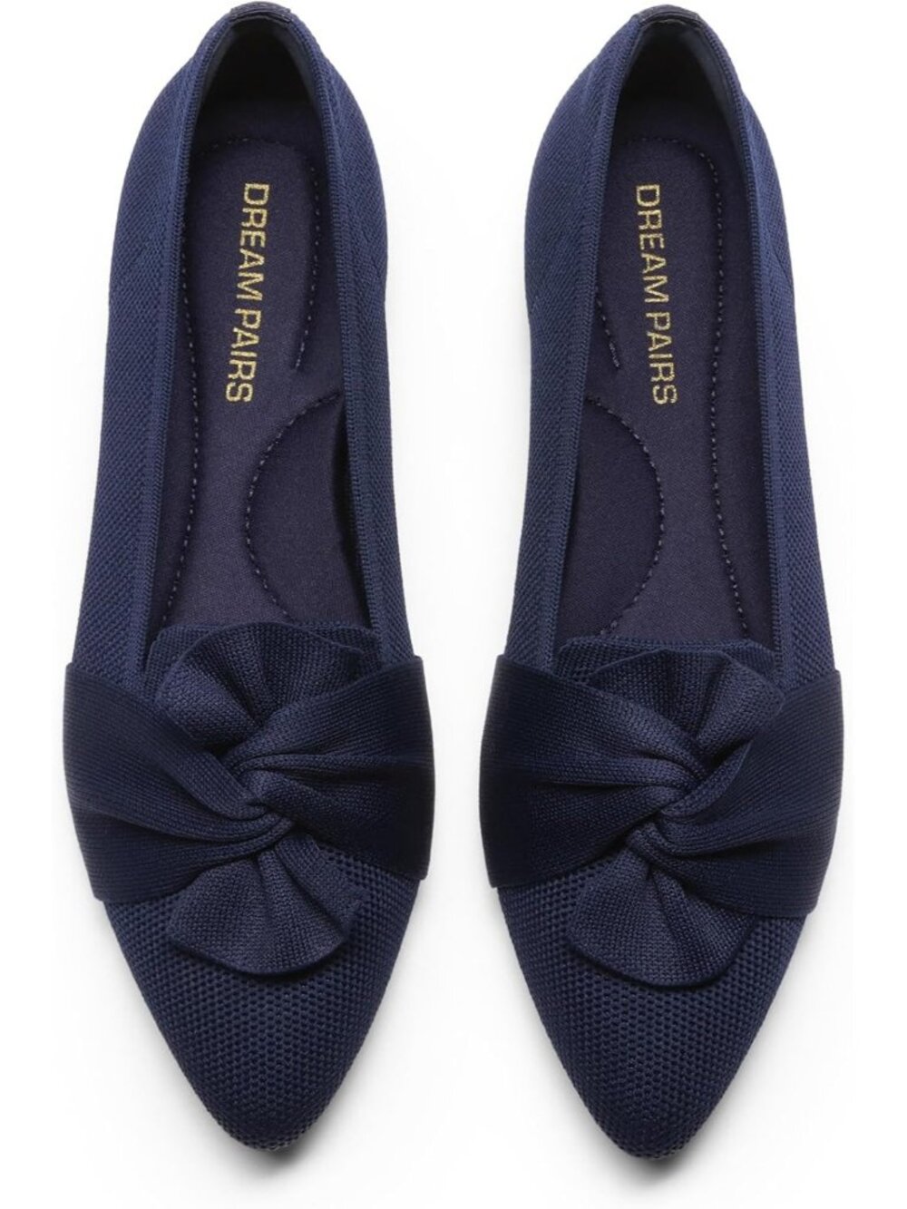 Women's Navy Blue Comfort Knit Upper Foldable Bow Pointed Toe Ballet Flat Shoes
